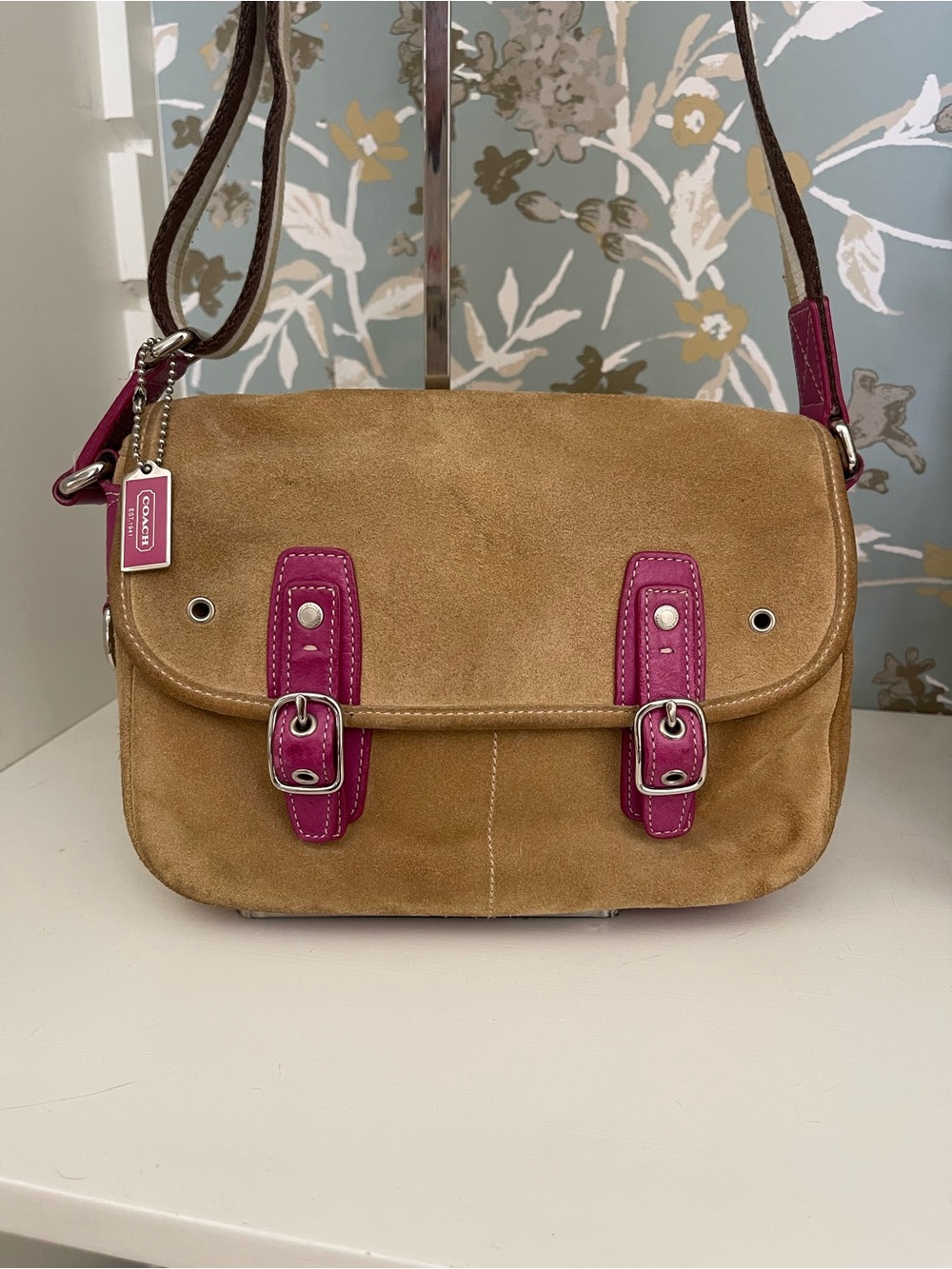 Vintage Coach Hamptons Field Suede Field Crossbody Bag with Pink Leather Accents